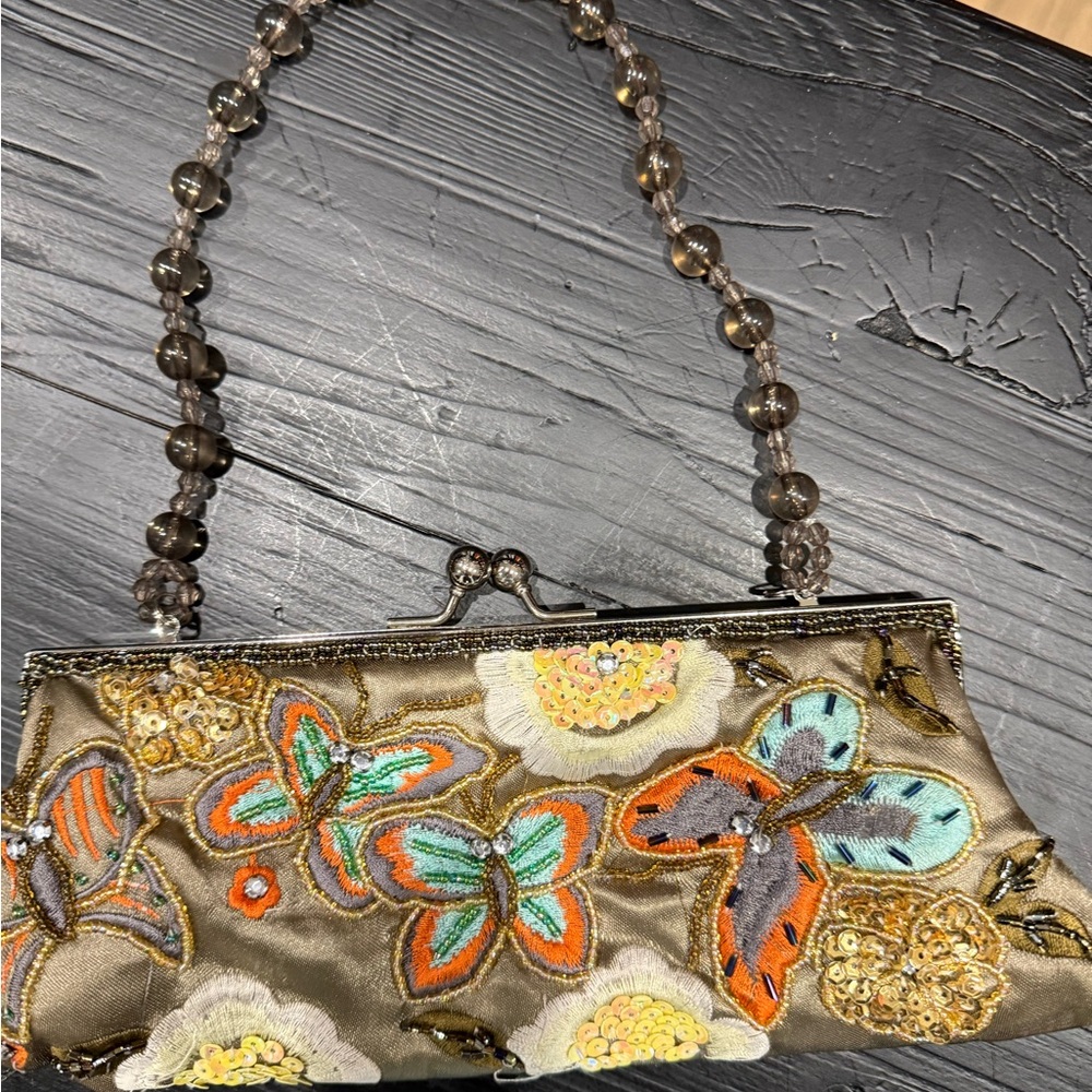 Embroidered Butterfly Clutch with Beaded Handle